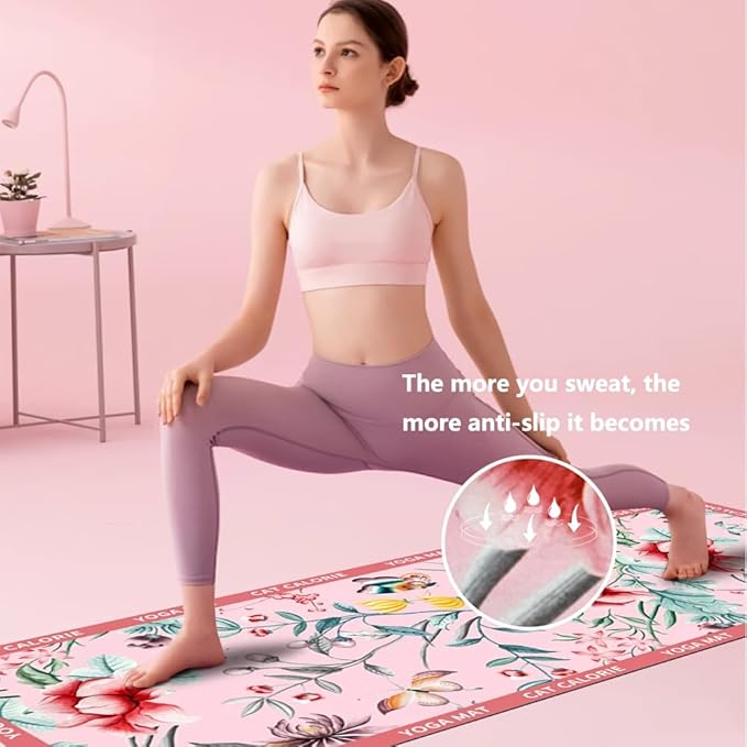 Hot Yoga Mat Towel – Non-Slip, Absorbent & Lightweight Yoga Mat Towel, 72"x26.7", Ultra-Thin 0.04", Floral Design, Microfiber & Rubber, Foldable, Perfect for Hot Yoga, Pilates & Gym