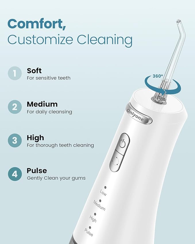 Onlyone Water Dental Flosser, 300ML Portable Oral Irrigator for Teeth, 4 Modes and 5 Jet Tips,Rechargeable Irrigation Cleaner,Electric Flossing Machine Power Flossers & Irrigator Accessories White