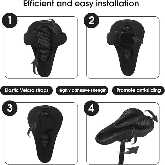 Bike Seat Cushion - Gel Bike Seat Cover Padded for Men & Womens Comfort, Soft Bicycle Saddle Compatible with Exercise Bike, for Indoor and Outdoor Cycling(Black)