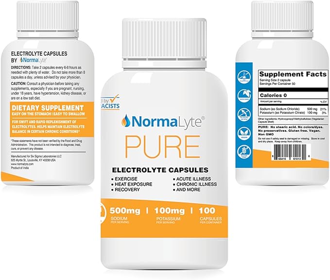 NormaLyte Electrolyte Capsules - Replenish Electrolytes for Peak Performance - Hydration Salt Pills with Essential Minerals for Energy Boost, and Muscle Recovery - 100ct/Bottle