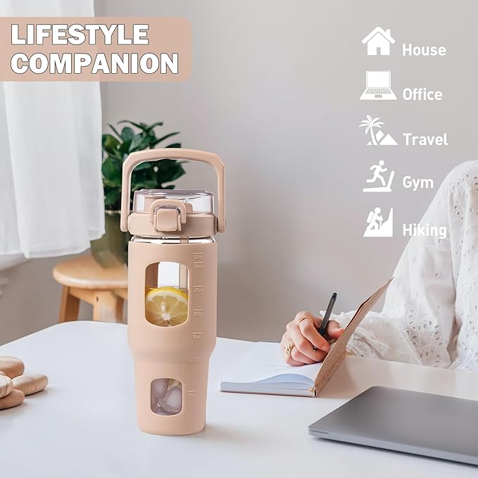 BLUEGO 32oz Glass Water Bottle with Handle and Straw|Leakproof Sports Glass Bottle with Time Marker and Silicone Sleeve|Glass Drinking Bottle for Travel, Gym, Workout, Amber