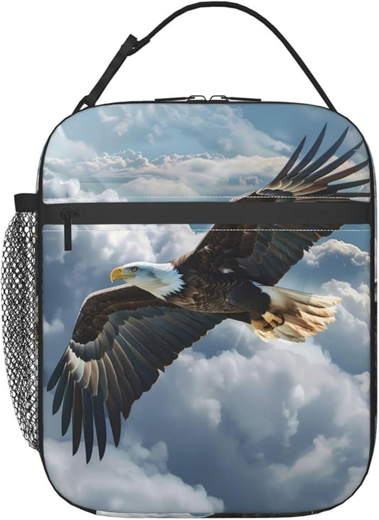 Eagle Polyester Lunch Box for Kids Teen,Soaring Bird Reusable Thermal Lunch Bag for Adult Women,Cool Insulated Tote Cooler Bags for School, Work, Picnic,Travel,Realistic Sky Design