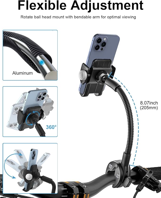 Gooseneck Phone Holder for Wheelchair, Stroller, Golf Cart, Boat, Mic Stand, Indoor Cycling Bike, Gym Bicycle Handlebar Clamp, Compatible with iPhone 16 Pro Max/15/14/13/12, Android and All Smartphone