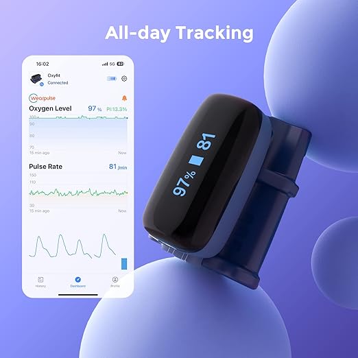 Continuous Pulse Oximeter Fingertip, Blood Oxygen Saturation and Pulse Rate Monitor with App, Rechargeable Bluetooth O2 Sat Finger Meter, 4 * 10 Hrs Built-in Memory，Oxyfit with Reminder