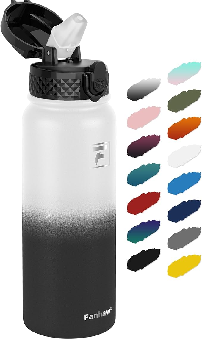 Fanhaw 20 Oz Stainless Steel Insulated Sports Water Bottles with Straw for Kids, Men and Women (White Black)