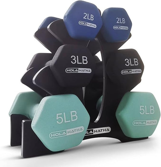 HolaHatha 2, 3, 5, 8, and 10 Pound Neoprene Dumbbell Free Hand Weight Set with Rack, Ideal for Home Exercises to Gain Tone and Definition, Pastel