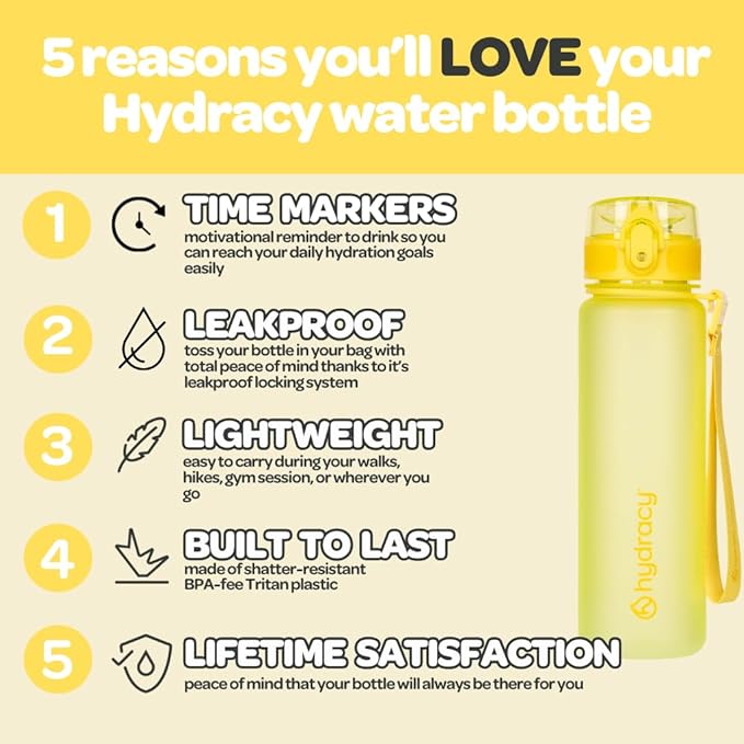 Hydracy Water Bottle with Time Marker -Large BPA Free Water Bottle & No Sweat Sleeve -Leak Proof Gym Bottle with Fruit Infuser Strainer & Times to Drink -Ideal for Fitness Sports & Outdoors