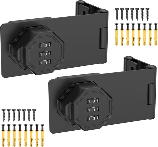 90 Degree 3-Digit Combination Cabinet Lock, Zinc Alloy Keyless Folding Hasp Lock Latch, Password Security Rotary Door Latch for Office File Cabinet, Drawer, Locker, Cupboard (2, Black)