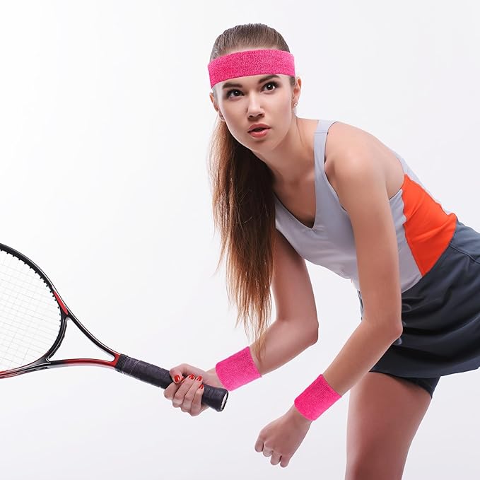Civaner 12 Pcs 80s 90s Sweatbands Neon Headbands Wristbands for Men Women Party Sports Cotton Headbands Terry Cloth Athletic Sweat Bands for Tennis Football Gym Workingout Accessories