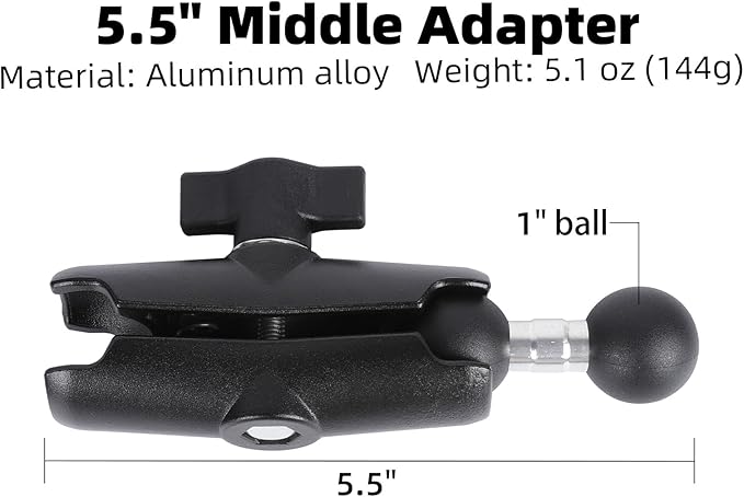 Double Socket Arm with 1" Double Ball Adapter Compatible with RAM B Size Mounts, 360° Rotation Extension Rod for Phone Holder, Tablet Mount, for Bike, Motorcycle, Truck (5.5" Middle Adapter)