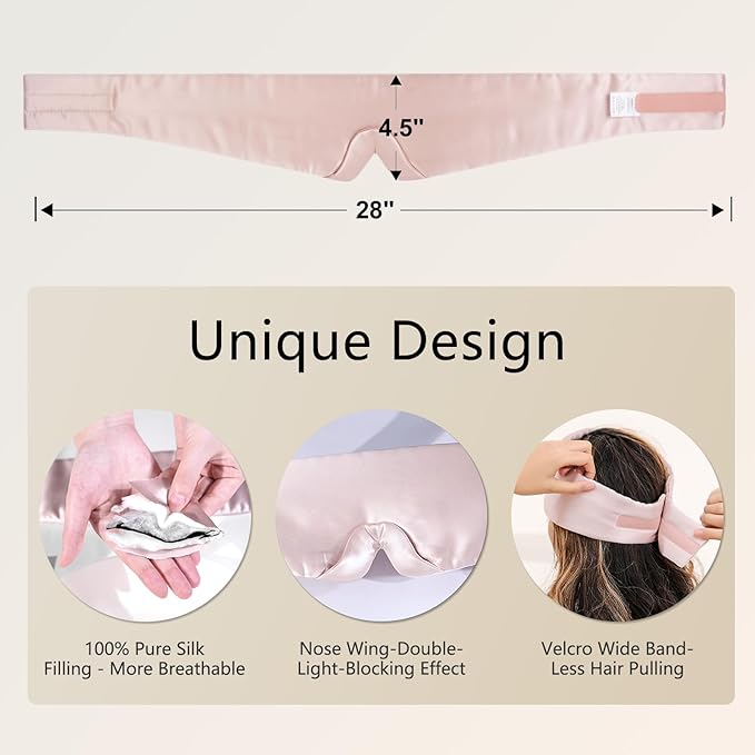 ZIMASILK 100% 22 Momme Mulberry Silk Sleep Mask - Full Silk Filled, Ultra-Soft & Breathable, Face-Hugging Blackout Eye Cover for Sleeping (Pink)