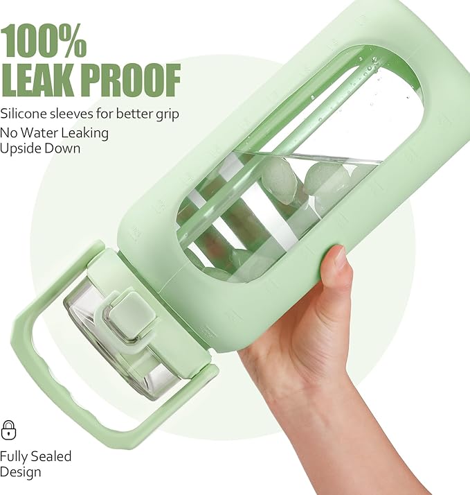 BLUEGO 64oz Glass Water Bottle with Handle and Straw, Motivational Sports Water Bottle with Time Marker and Silicone Sleeve Leakproof Drinking Bottle for Travel Gym Workout, Light Green