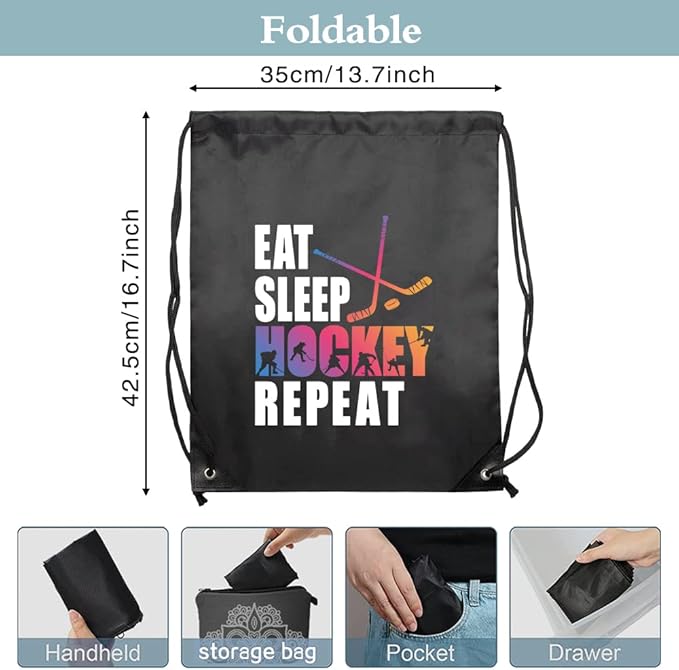 Haizct Eat Sleep Hockey Repeat Backpack, Gifts for Hockey Fans, Gymnasts Gift, Unisex Drawstring Backpack Bag for Gym Shopping Sport Yoga Dance Rehearsa