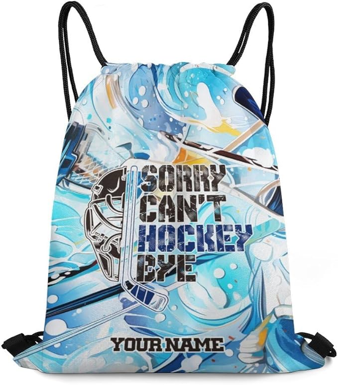 Custom Hockey Drawstring Backpack - Cool Cinch Sack, String Backpacks for Kids Women Men Boys Girls for Gym Outdoor Sports Travel Athletic Drawstring Bag - Lightweight/Foldable