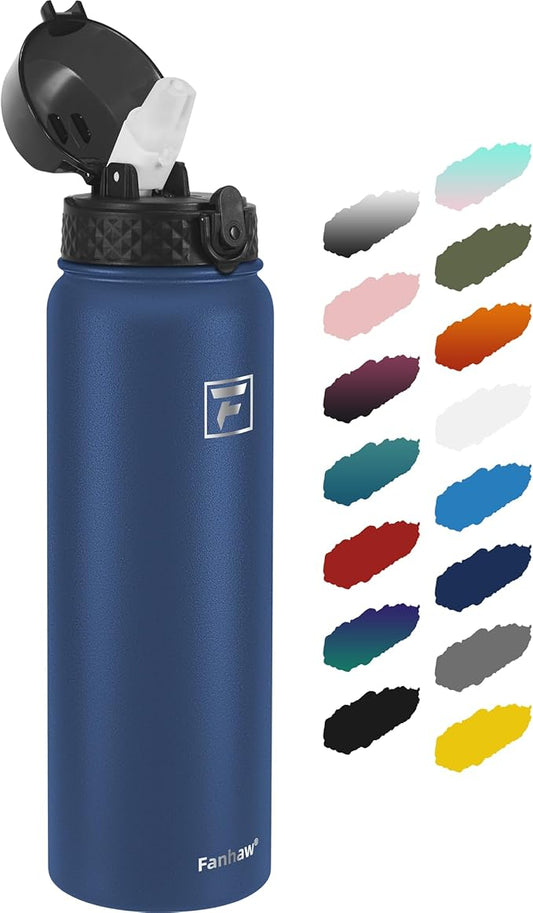 Fanhaw 32 Oz Stainless Steel Insulated Sports Water Bottles with Straw for Kids, Men and Women (Navy Blue)