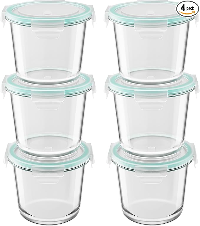 3 Cup Glass Meal Prep Containers With Turquoise Lids, Airtight 23oz glass Storage Container Set, Heat-Resistant BPA-Free for feeding the Southern Starter, Microwave, Dishwasher, Freezer Safe (4 Packs)