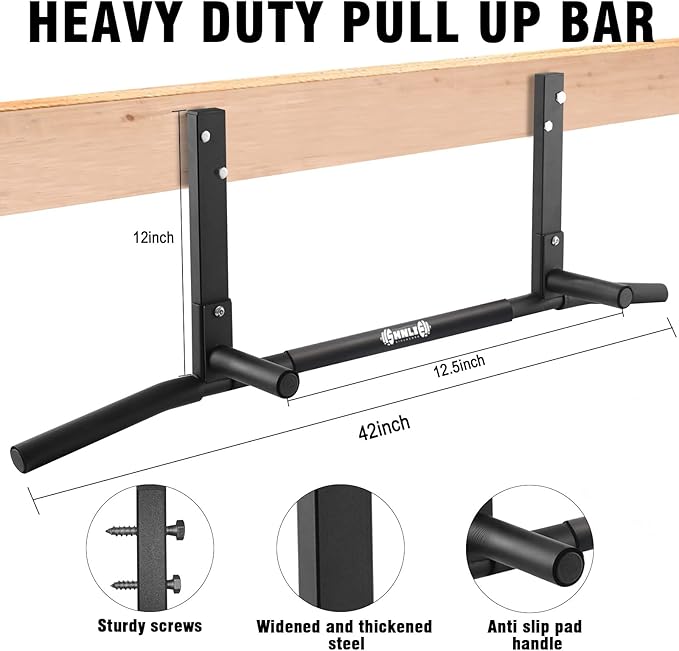 Joist Mounted Pull Up Bar, Ceiling Mount Chin Up Bar for Home Gym, Beam, Rafter, Easy installation, 42" Wide Bar