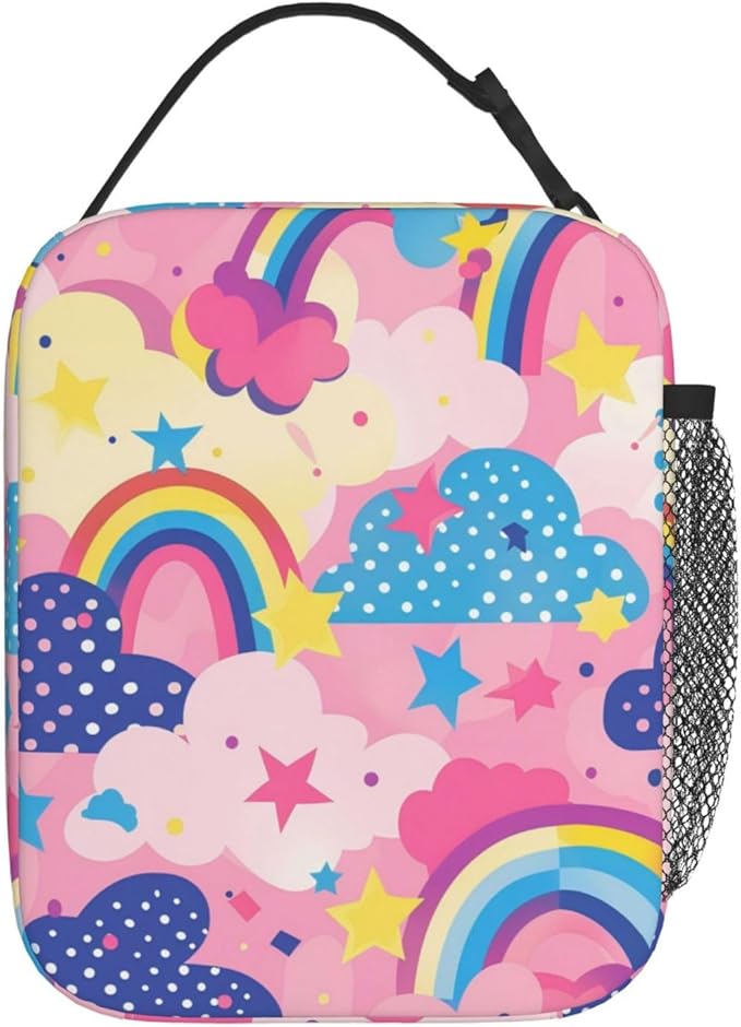 Colorful Rainbow Print Insulated Lunch Box Gifts for Kids Adults Cute Pink Cloud and Polka Dot Design Reusable Portable Lunchbox Cooler Lunchbag for Work Picnic School Travel or Hiking