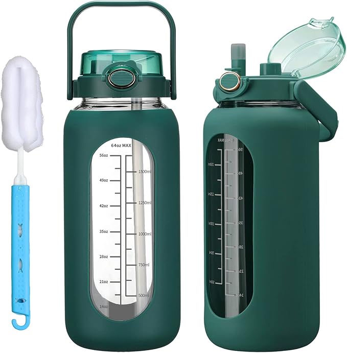 42oz/52oz/64oz Glass Water Bolttles with Straw Half Gallon Large Motivational Water Bottle with Time Marker Sports Water Bottles with Silicone Sleeve and Handle Lid Water Jug for Gym Workout