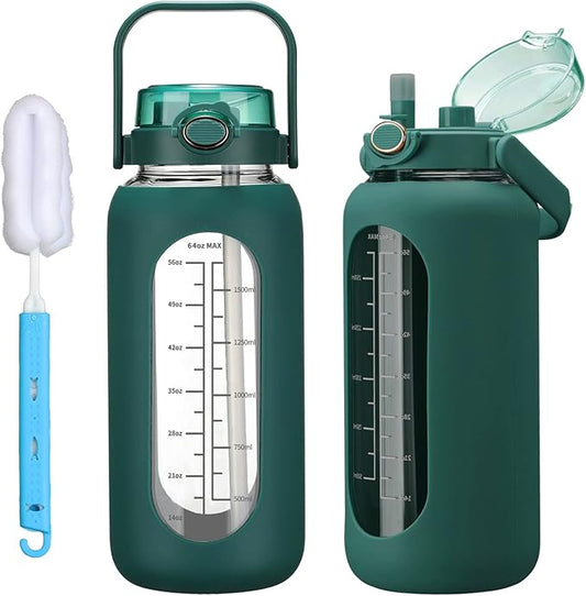42oz/52oz/64oz Glass Water Bolttles with Straw Half Gallon Large Motivational Water Bottle with Time Marker Sports Water Bottles with Silicone Sleeve and Handle Lid Water Jug for Gym Workout