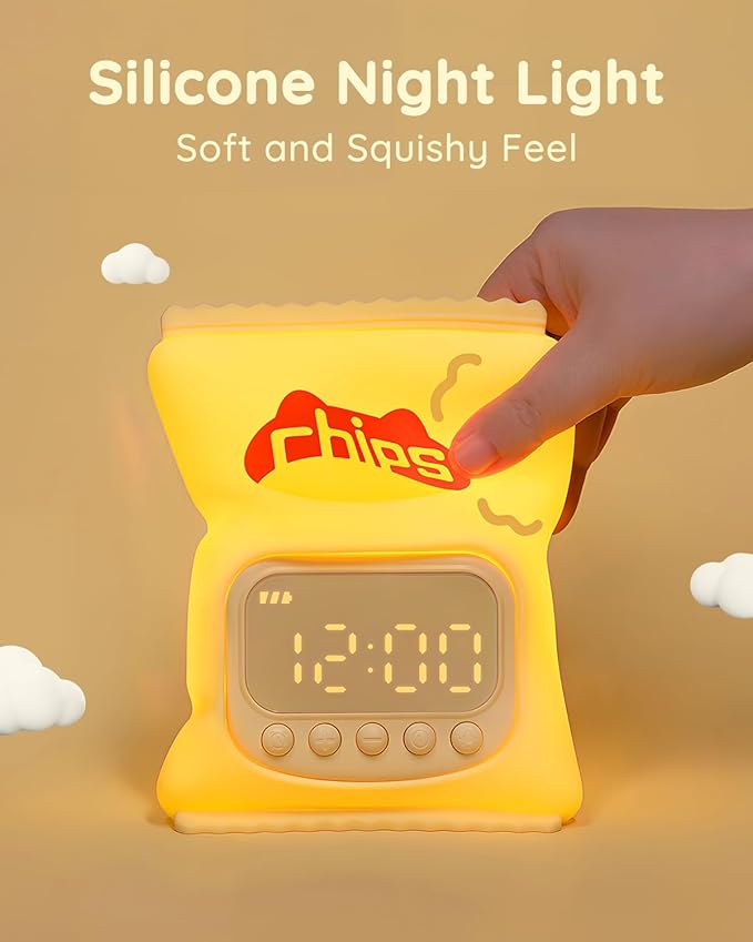 Chips Alarm Clock with Night Light for Kids, Cute Toddler Alarm Clocks for Bedrooms Ok to Wake Clocks for Girls and Boys, Rechargeable Silicone Animal Tabletop Lamp for Kid