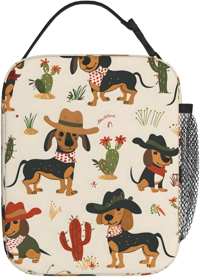 Cute Dog Lunch Box for Kids,Puppy Insulated Bag for Student,Pet Lovers Reusable Thermal Insulation Cooler Tote Bags for School Work Picnic Camping Outdoor Gifts (Cowboy Dachshund Western)