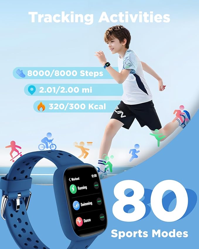 BIGGERFIVE Smart Watch for Kids No APP No Phone Needed, 1.8" Fitness Tracker Watch Pedometer, Heart Rate, Sleep Monitor, IP68 Waterproof, Step Counter, Puzzle Games for Girls Boys Teens 5-16, Blue
