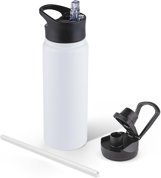 24 oz Insulated Water Bottle with Straw Lid & Wide Mouth Lids, Stainless Steel Sports Water Bottles, Double Walled Vacuum, Leak Proof, White