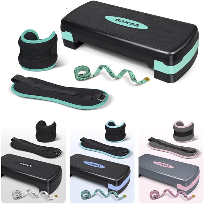 SAKAE Exercise Step Platform Set with Ankle Weights & Measuring Tape, Adjustable Height 2 Level Risers Workout Step Trainer, Aerobic Steppers for Home Gym Exercise Fitness Workout, Multiple Colors