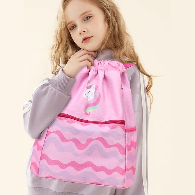 Drawstring Backpack for Girls Women Lgihtweight Large Travel Bags Sport String Bag Sackpack for Gym Shopping Yoga Bag Unicorn Pink