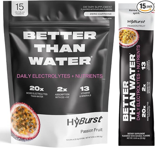 Electrolyte & Vitamin Supplement Powder, Drink Mix with B12, L-Theanine, D3, K2, Zinc, Magnesium, Potassium, Supports Calm Focus & Energy, Passion Fruit, 15 Pack