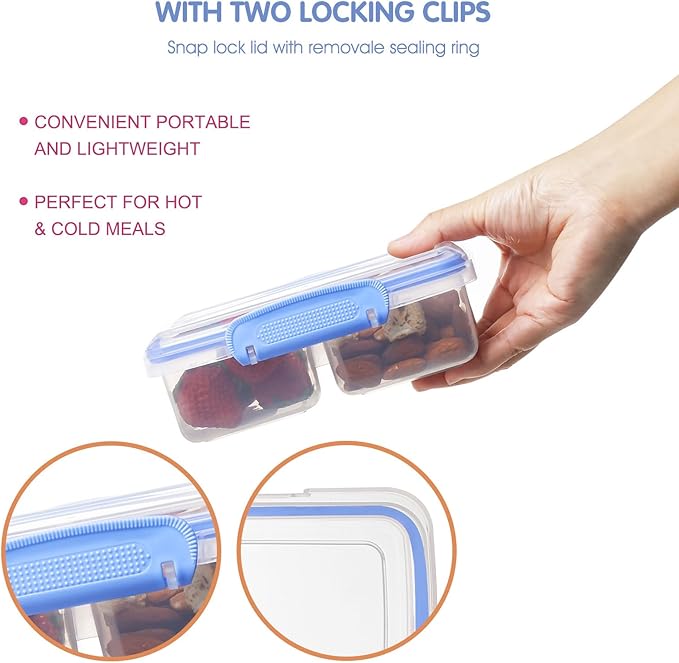 4 Pack Plastic Snack Containers with Lids, 2 Compartment Food Container for Kids Snack Box, Travel Bento Lunch Containers with forks for Fruits/Candies, Divided Food Storage Containers for School