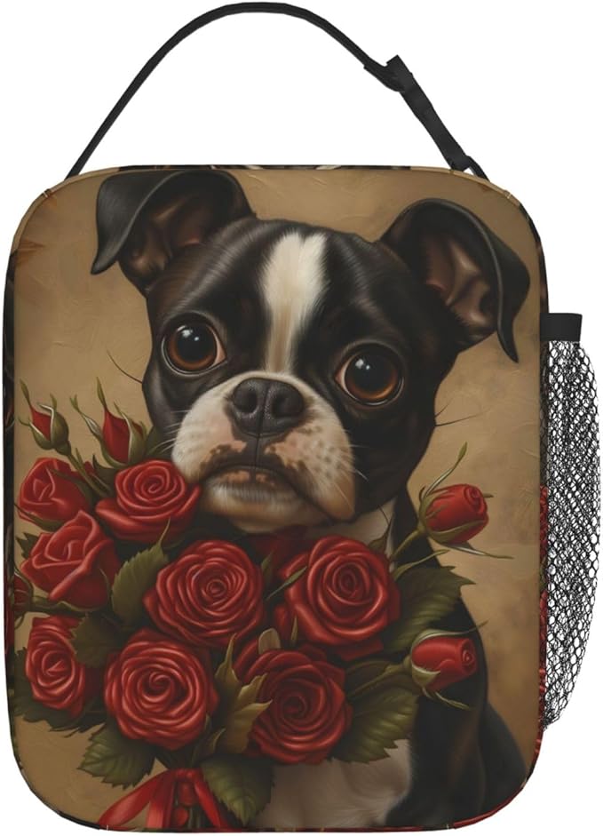 Boston Terrier Rose Insulated Lunch Box,Retro Dog and Red Floral Reusable Tote Bag for Women Girls,Vintage Pet Design Lunchbag,Portable Cooler Lunchboxes for Work School Picnic Travel Gifts