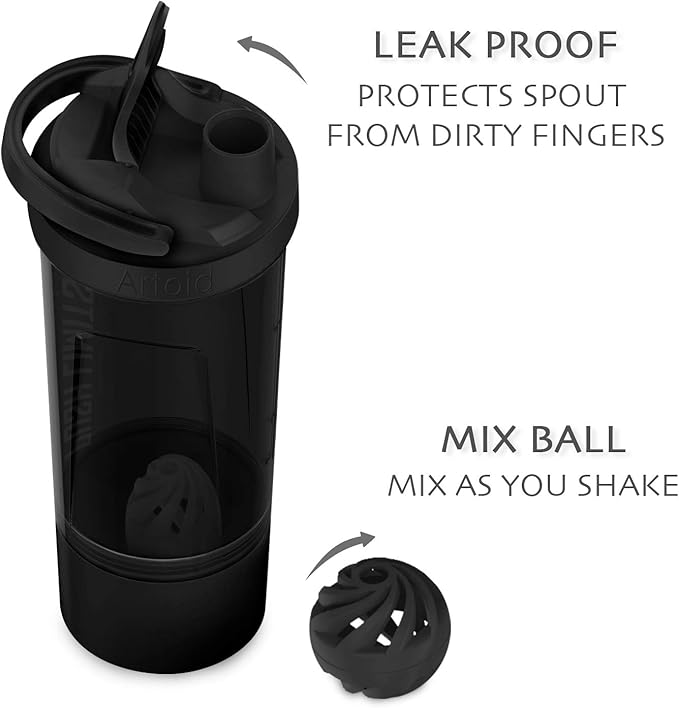 Artoid Mode Fitness Workout Sports Protein Shaker Bottle 24-Ounce, Dual Mixing Technology with Shaker Balls & Mixing Grids Included, Twist and Lock Protein Box Storage Included