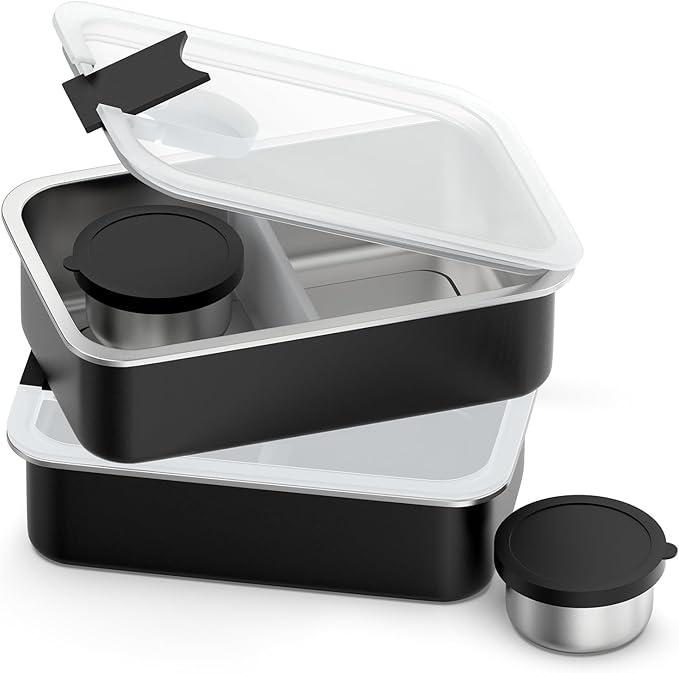 Stainless Steel Bento Lunch Box for Adult Kids, 2 Pack 33oz Leak-Proof Lunch Box Containers, Microwave-Safe, with Adjustable Divider, Convenient Metal Lunchbox for School, Travel