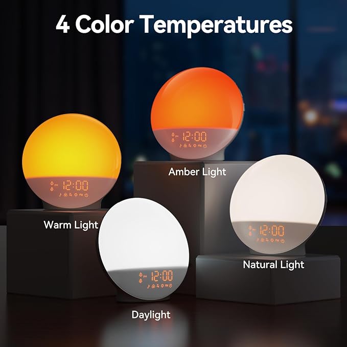 Wake Up Light Sunrise Alarm Clock with 10,000 Lux Therapy Light, White Noise Machine, Sleep Aid, 11 Soothing Colors, Dual Alarms & Snooze