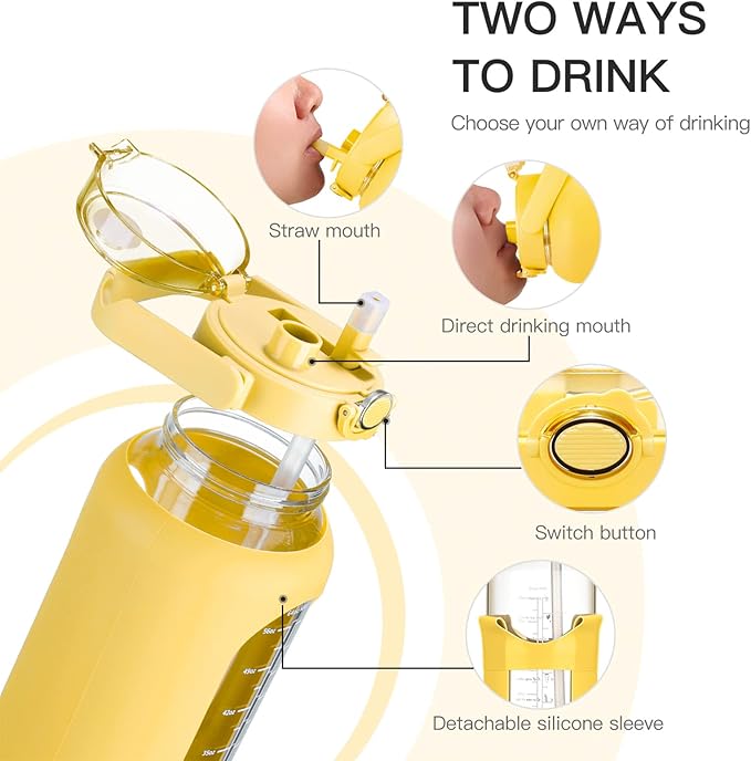 42oz/52oz/64oz Glass Water Bolttles with Straw Half Gallon Large Motivational Water Bottle with Time Marker Sports Water Bottles with Silicone Sleeve and Handle Lid Water Jug for Gym Workout