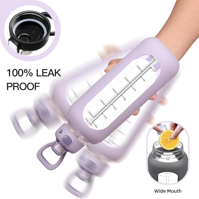 SIEROZUR 32 Glass Water Bottle with Straw and Handle Motivational Water Bottles with Silicone Sleeve and Time Marker Leakproof Borosilicate Water Bottle for Gym Home Office