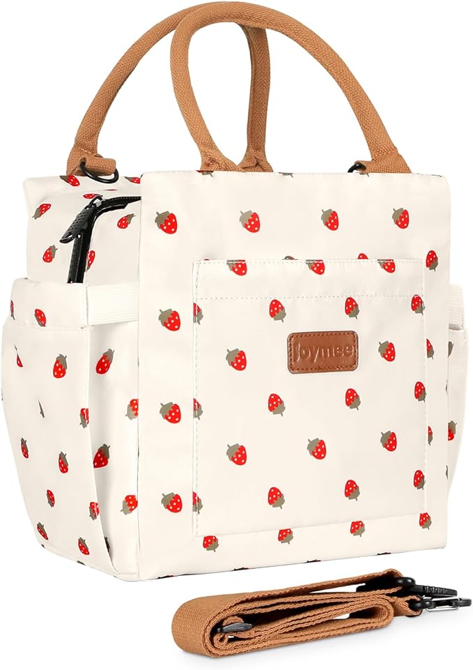 Joymee Lunch Bag Women Insulated Lunch Box with Adjustable Shoulder Strap Large Reusable Leakproof Spacious Cooler Tote for Women Men Adult with Bottle Holder and Side Pockets - Strawberry