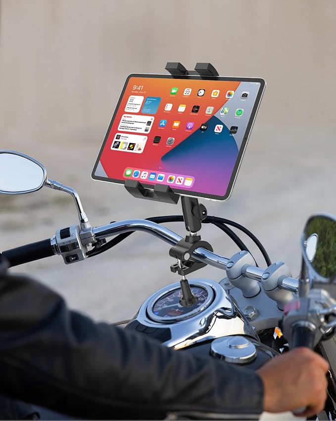 Bike Tablet Mount, Super Stable Handlebar Motorcycle Tablet Holder with Metal Arm, Scooter Bicycle Tablets Clamp with 360 Degree Adjustable for iPad Pro Air Mini, iPhone, Galaxy Tab, 4.7-13" Devices