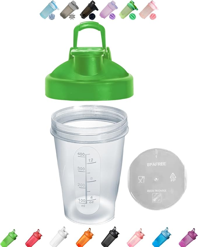 A Small Clear Shaker Bottle w. Green Lid,12Oz/400ml Measurement Marks & Stainless Whisk Blender Mixer Ball,BPA Free,Made of PP5,-4~248 °F,Perfect for Nutrition/Protein/Keto/Juice Powder Shaking