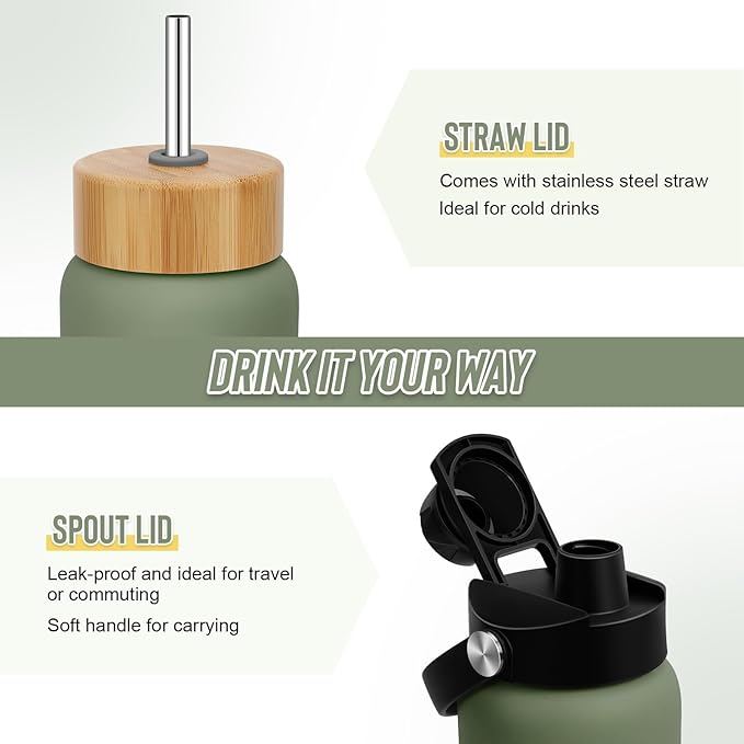 32 oz Glass Water Bottles - 1 Liter Motivational Tumbler With Time Marker - Borosilicate Glass With Silicone Sleeve and 2 Lids, Handle Spout & Bamboo Straw Lid