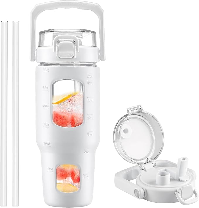 BLUEGO 32oz Glass Water Bottle with Handle and Straw|Leakproof Sports Glass Bottle with Time Marker and Silicone Sleeve|Glass Drinking Bottle for Travel, Gym, Workout, White