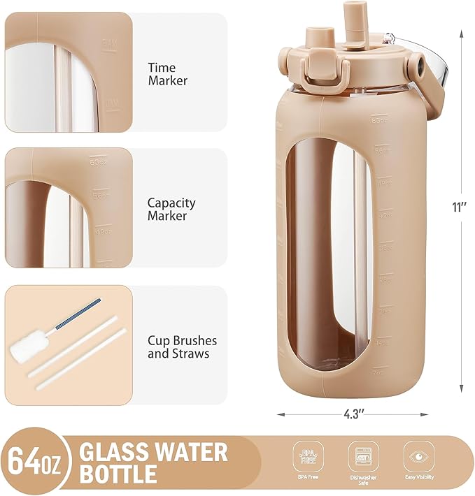 BLUEGO 64oz Glass Water Bottles with Straw Time Marker Half Gallon Large Motivational Water Bottle with Silicone Sleeve 2 Liter Large Glass Water Jug for Gym, Sports& Workout, Daily, Amber