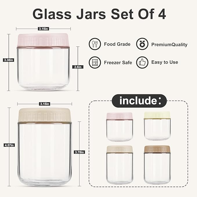 Overnight Oats Containers with Lids, Glass Jars with Lids 4 pcs, Wide Mouth Mason jars for Salad, Yogurt, Snacks, Meal Prep
