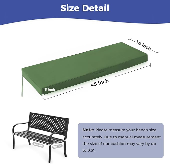 Outdoor Bench Cushions for Outdoor Furniture, 45x18x3 Inch, Waterproof Bench Pillow, Fade Resistant Long Bench Seat Pads for Garden, Indoor, Porch Swing, Army Green
