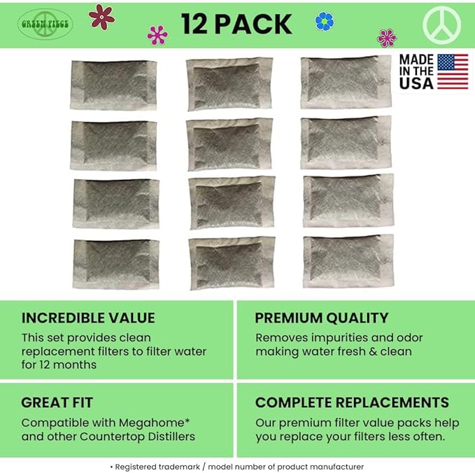 Green Piece Distiller Filters – Activated Charcoal Carbon Sachets (12 Pack), Odor & VOC Absorbing, Compatible with Megahome & Countertop Water Distillers, Coconut Shell Carbon, Premium Replacement