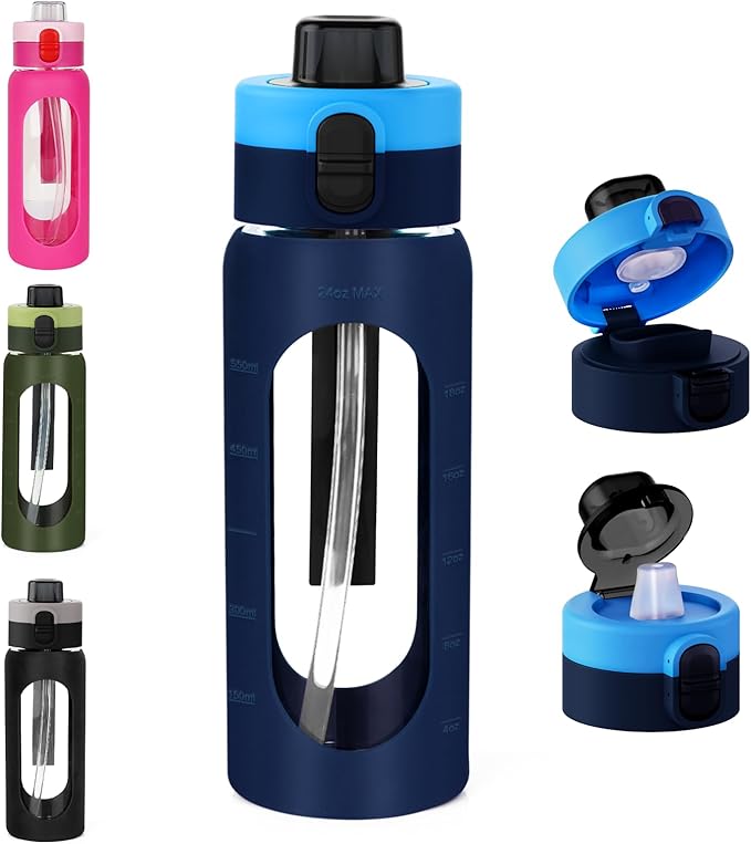 ANOTION 24OZ Glass Water Bottle, Large Sports Water Bottle with Dual-Drink Lid Clear Leakproof Glass Bottles with Straw, Motivational Jug with Silicone Sleeve and Time Marker for Travel Gym-Blue