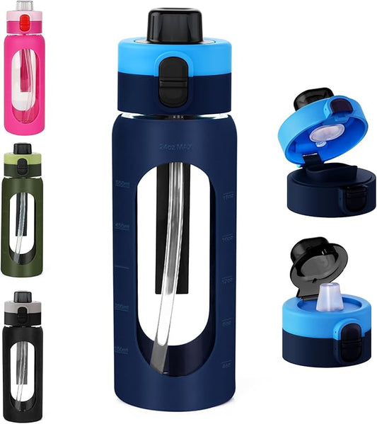 ANOTION 24OZ Glass Water Bottle, Large Sports Water Bottle with Dual-Drink Lid Clear Leakproof Glass Bottles with Straw, Motivational Jug with Silicone Sleeve and Time Marker for Travel Gym-Blue