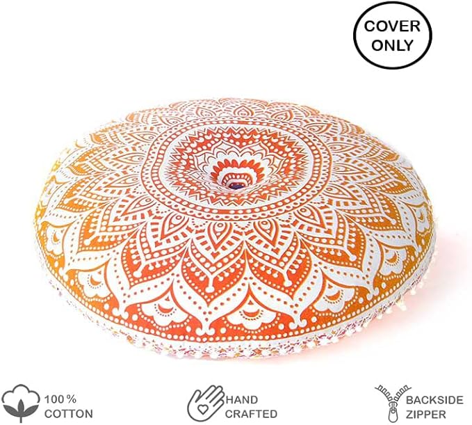 Eyes of India - Mandala Floor Pillow Cover Meditation Cushion Seating Throw Hippie Round Colorful Decorative Bohemian Indian Pouf Ottoman Handmade Cover ONLY (Omb-Yellow, 32" x 32")